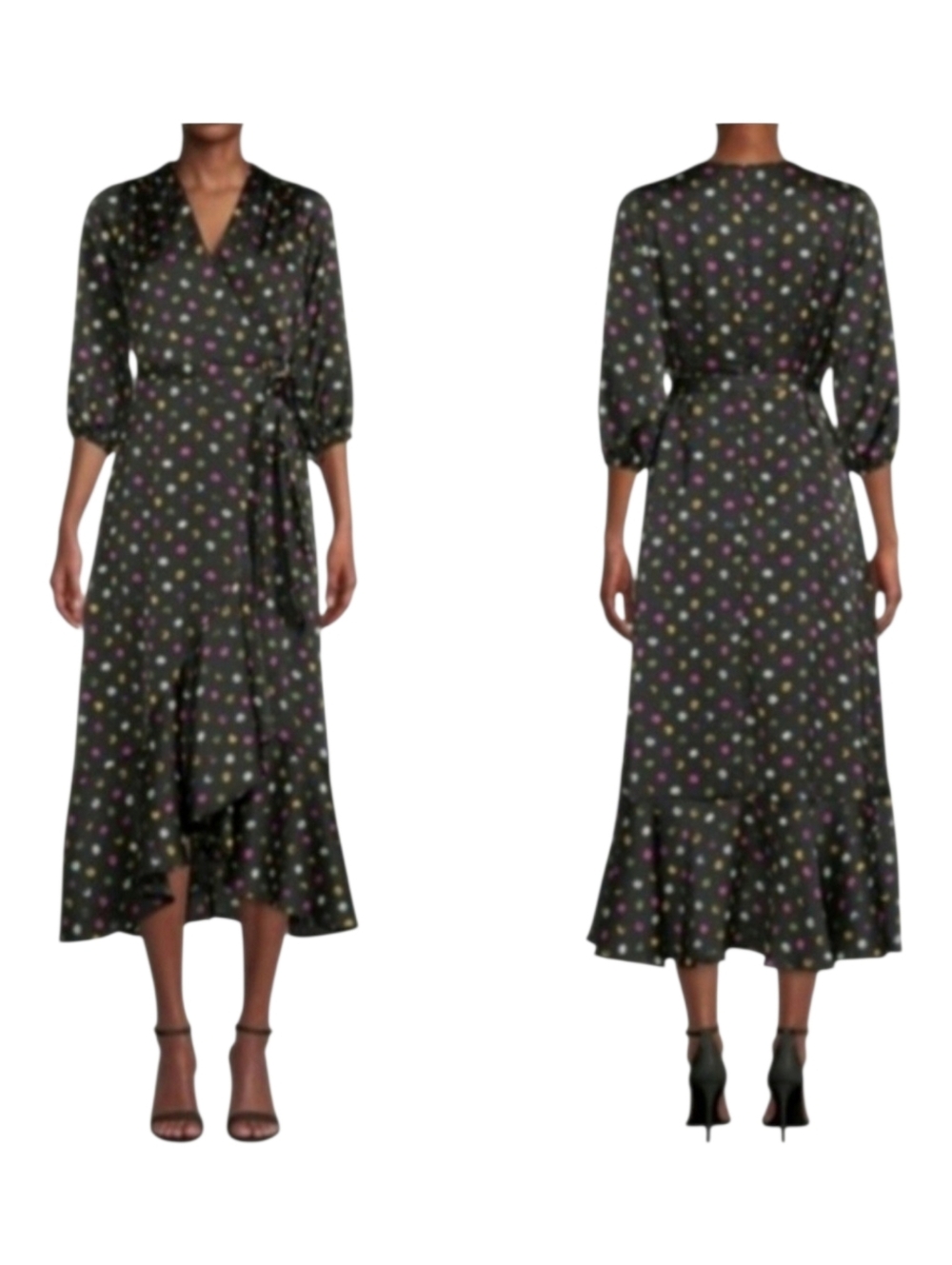 Sam Edelman Polka Dot Satin Wrap Dress Midi Multi Color & Black Tie Waist 6